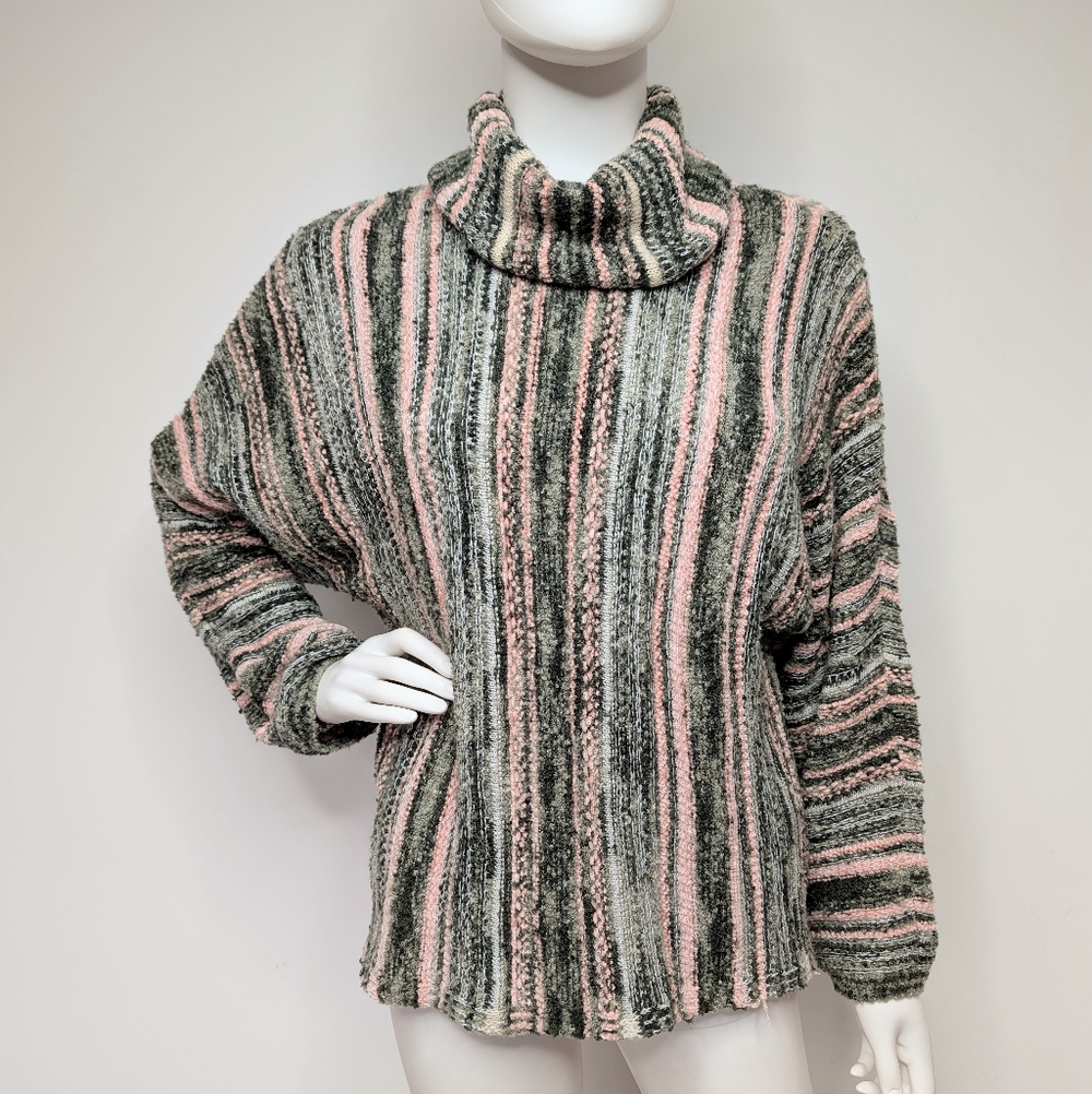 Green & Light Pink Striped Textured Chenille Chunky Cowl Turtleneck Sweater Boho